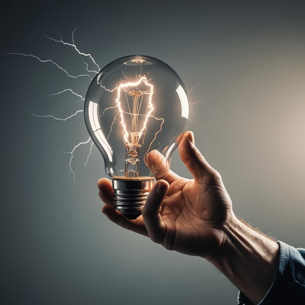 Hand Holding Lightning Bulb in Vivid Digital Art
