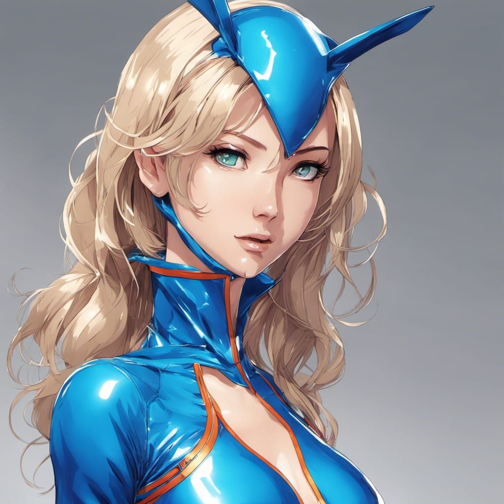 Anime Woman in Blue Latex Outfit Portrait