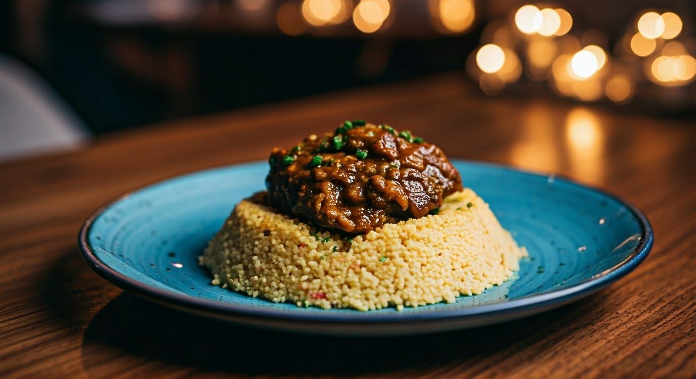 Lamb Sauce Cous Cous on Arabian Blue Plate
