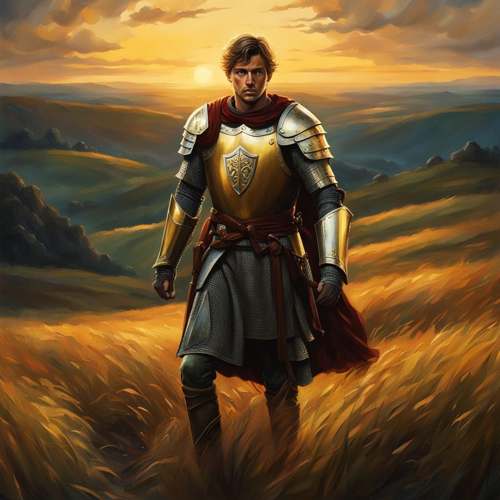 Lost Knight at Sunset in Arthurian Land