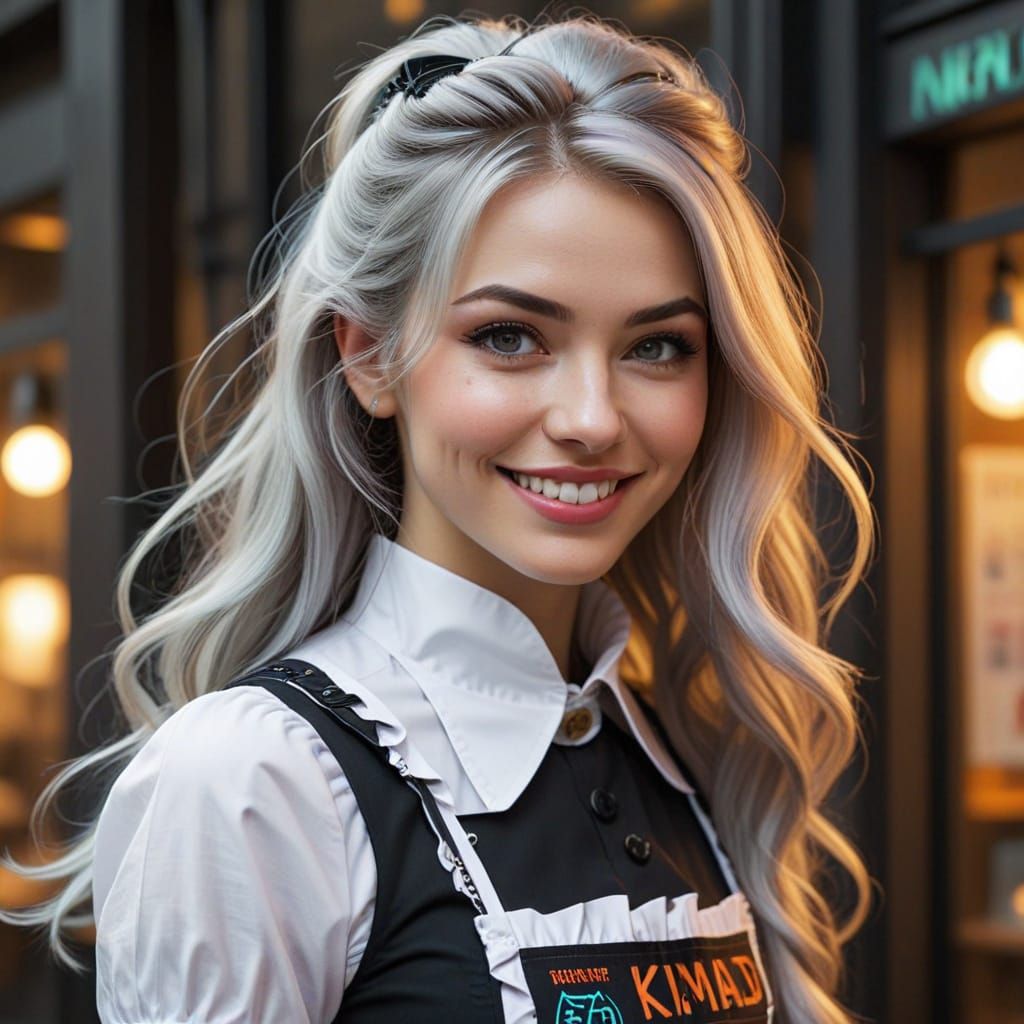 Smiling Retro Maid in a Cyberpunk Future