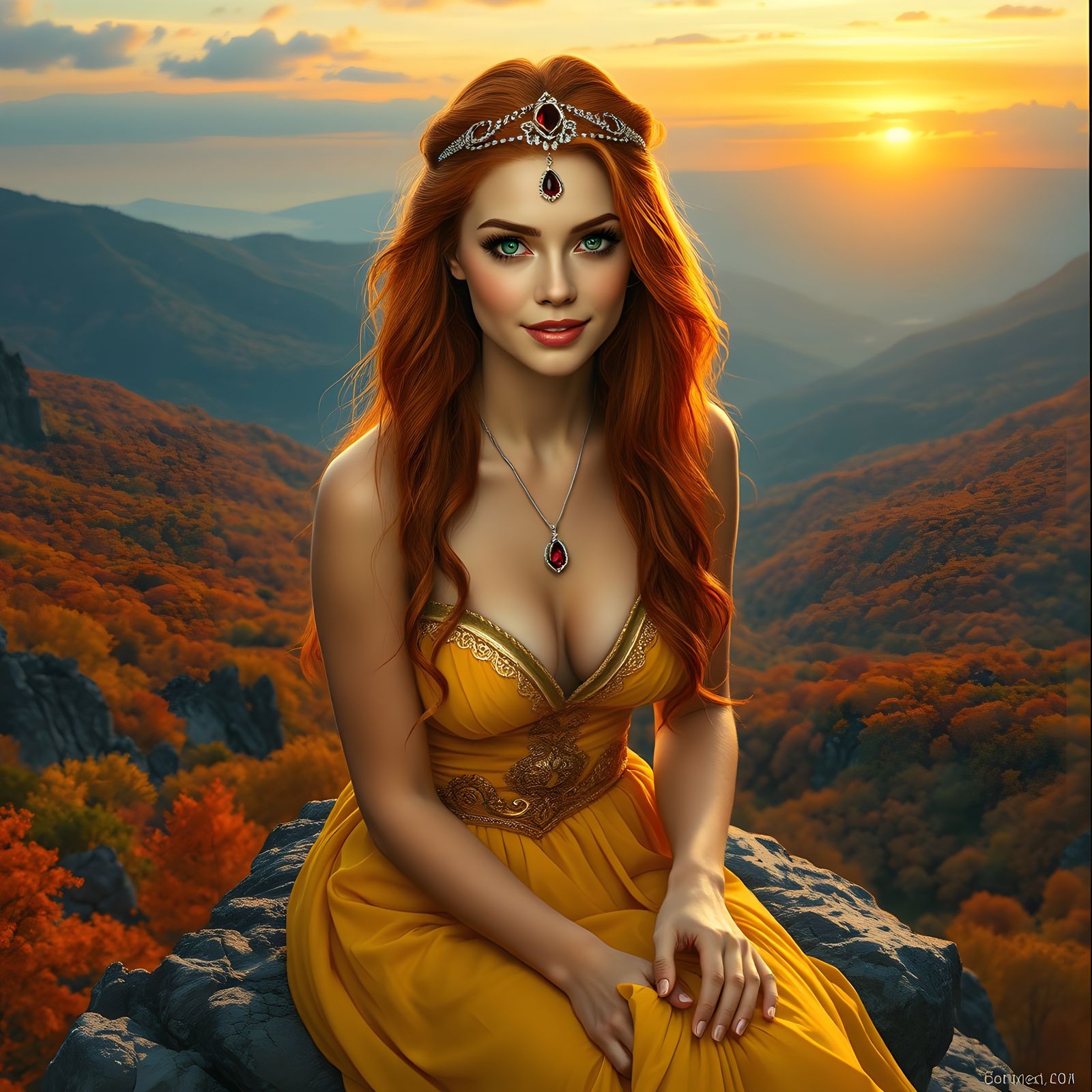 Norse Goddess Overlooking Autumn Valley: Oil Painting