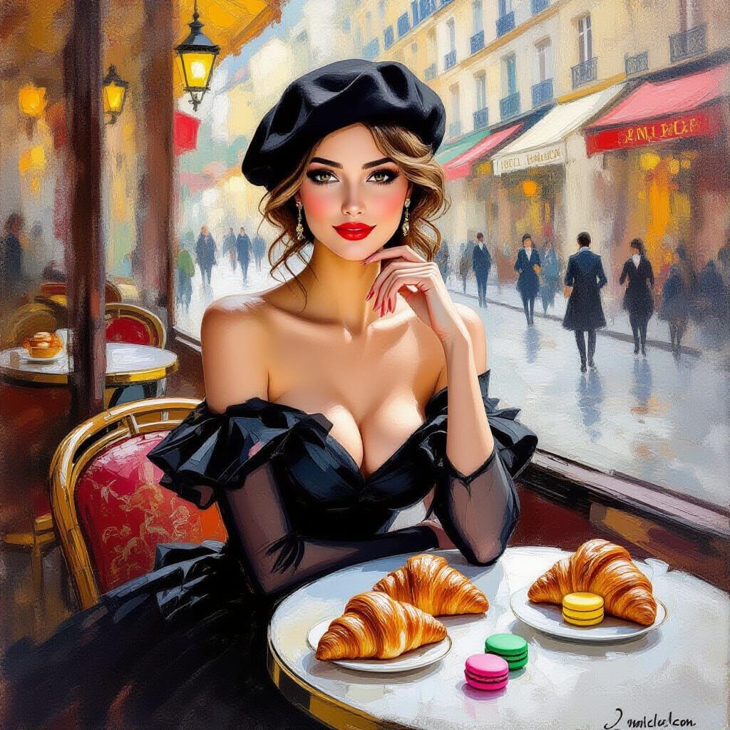 French Woman at Cafe in Impasto Style