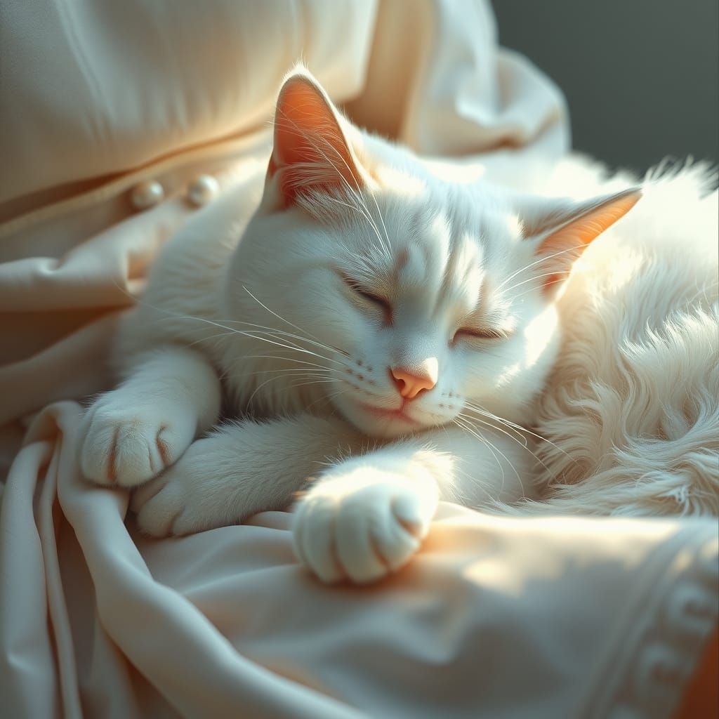 White Cat Sleeping on Girl's Lap in Digital Painting