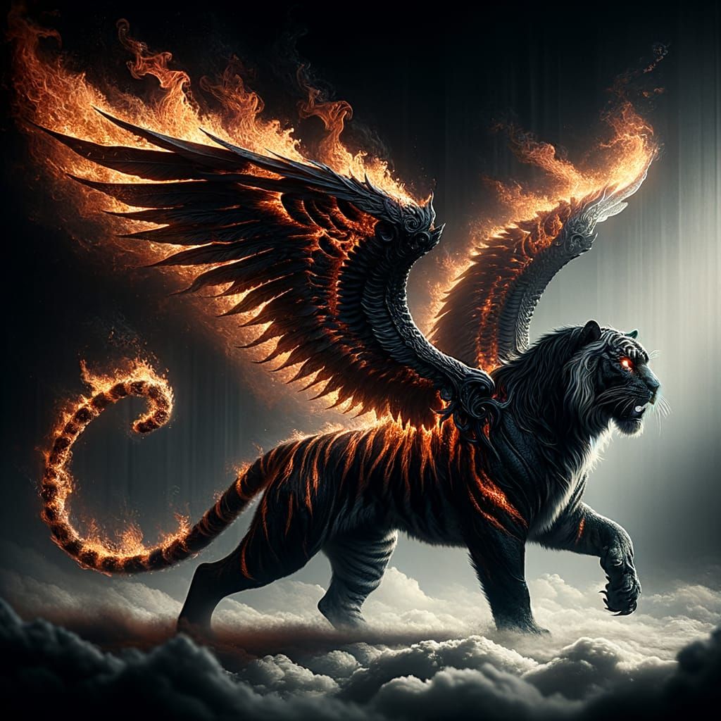 Fiery Winged Tiger Soars Above Clouds