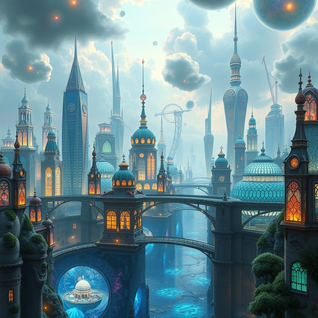 Futuristic Millefiori Glass Cityscape in Art Nouveau Style