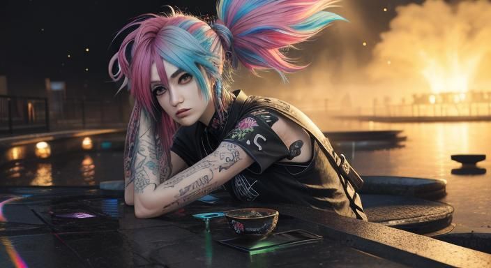 Rainbow Punk Rocker by Pond: Anime-Inspired 3D Art
