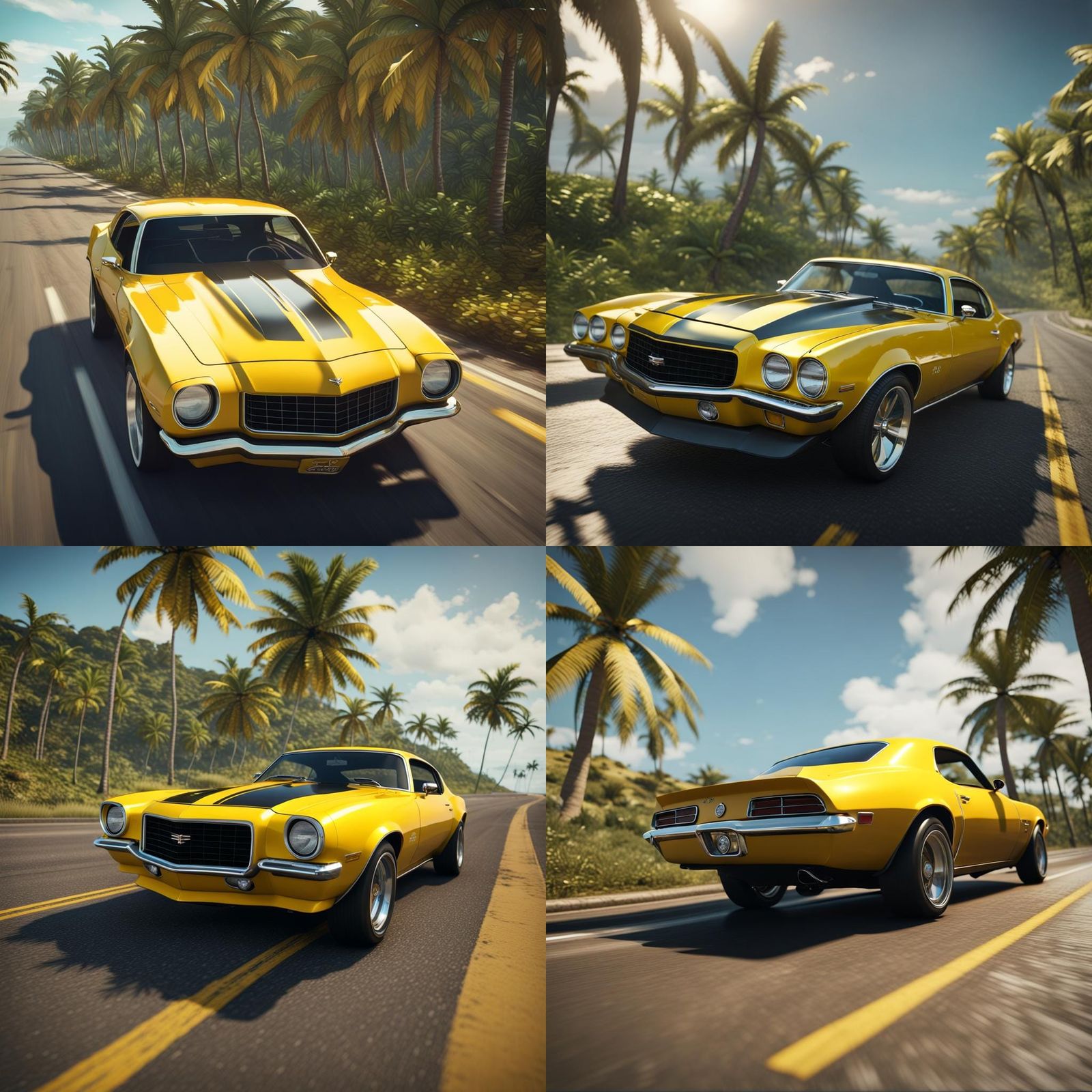 Yellow 1971 Camaro SS on Tropical Highway