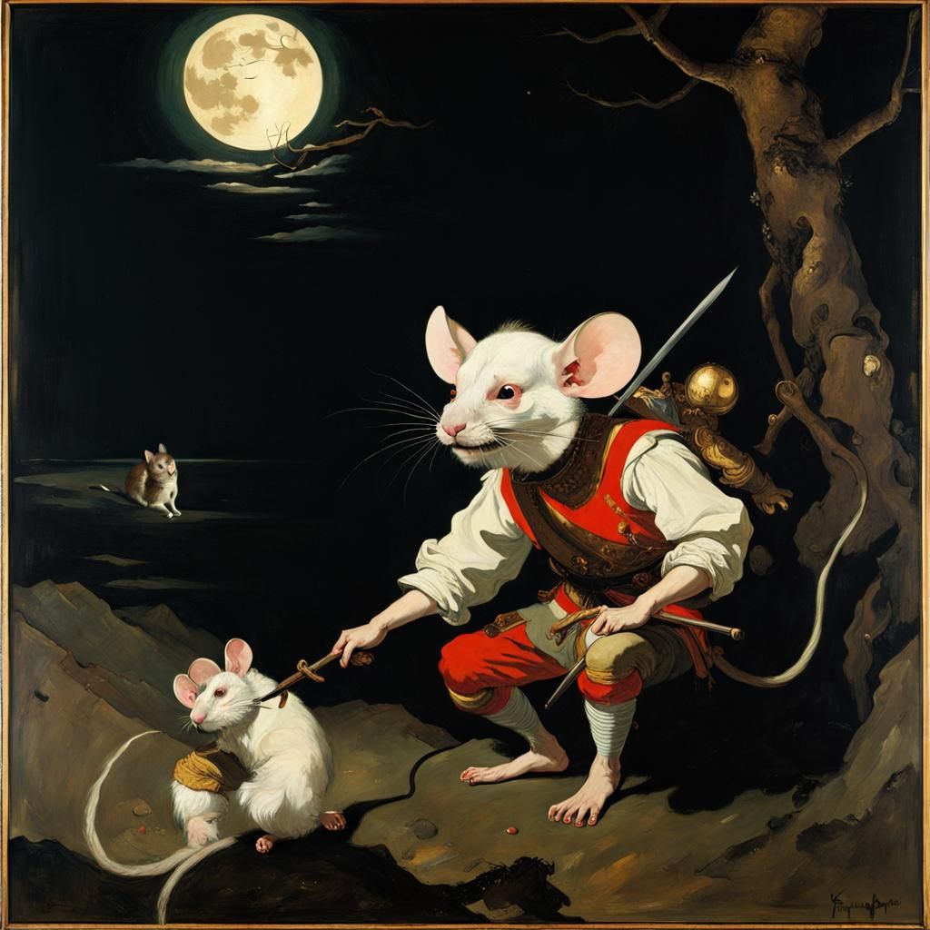Moonlit Mouse Warrior: Baroque Expressionist Scene