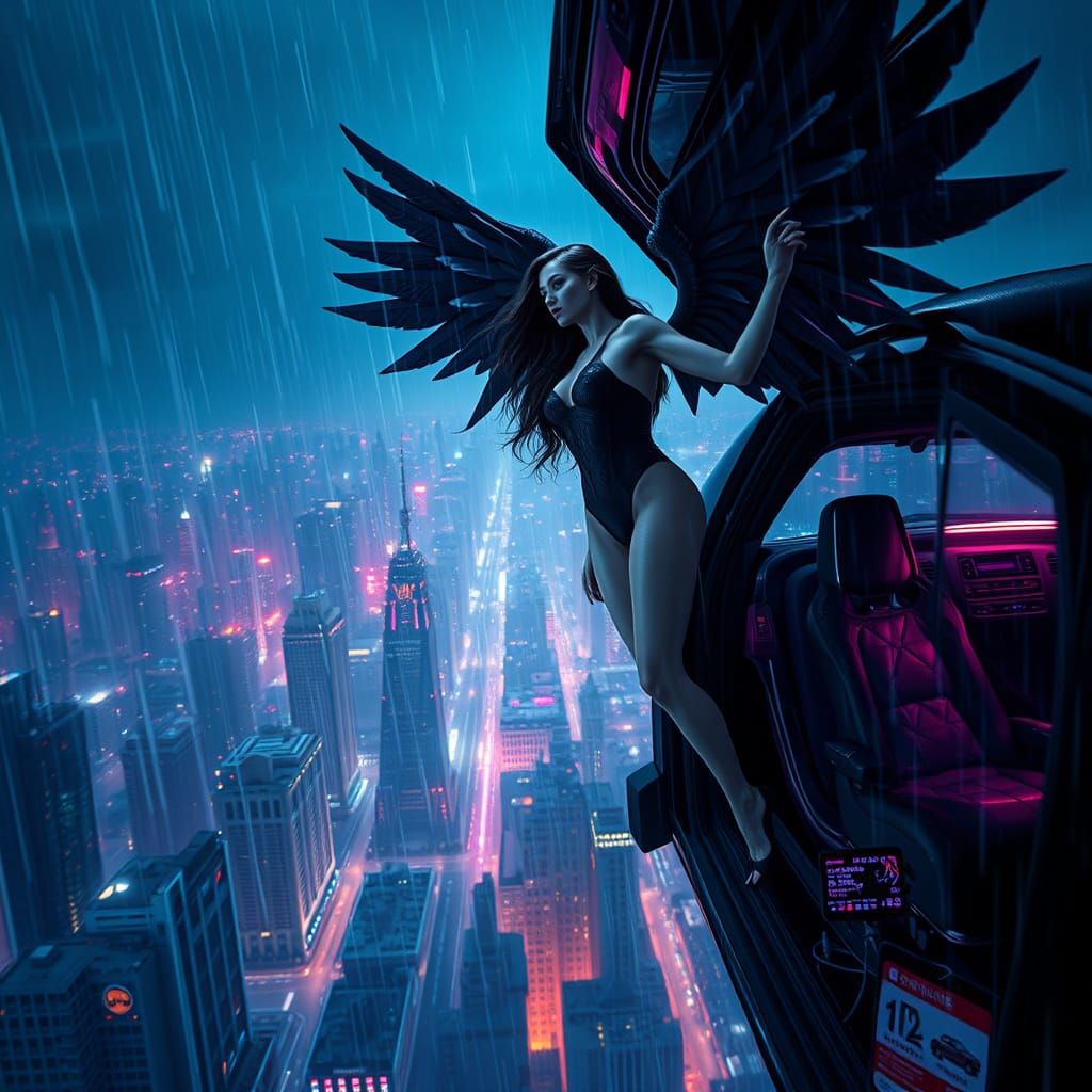 Cyberpunk Angel Ascends over Neon Metropolis