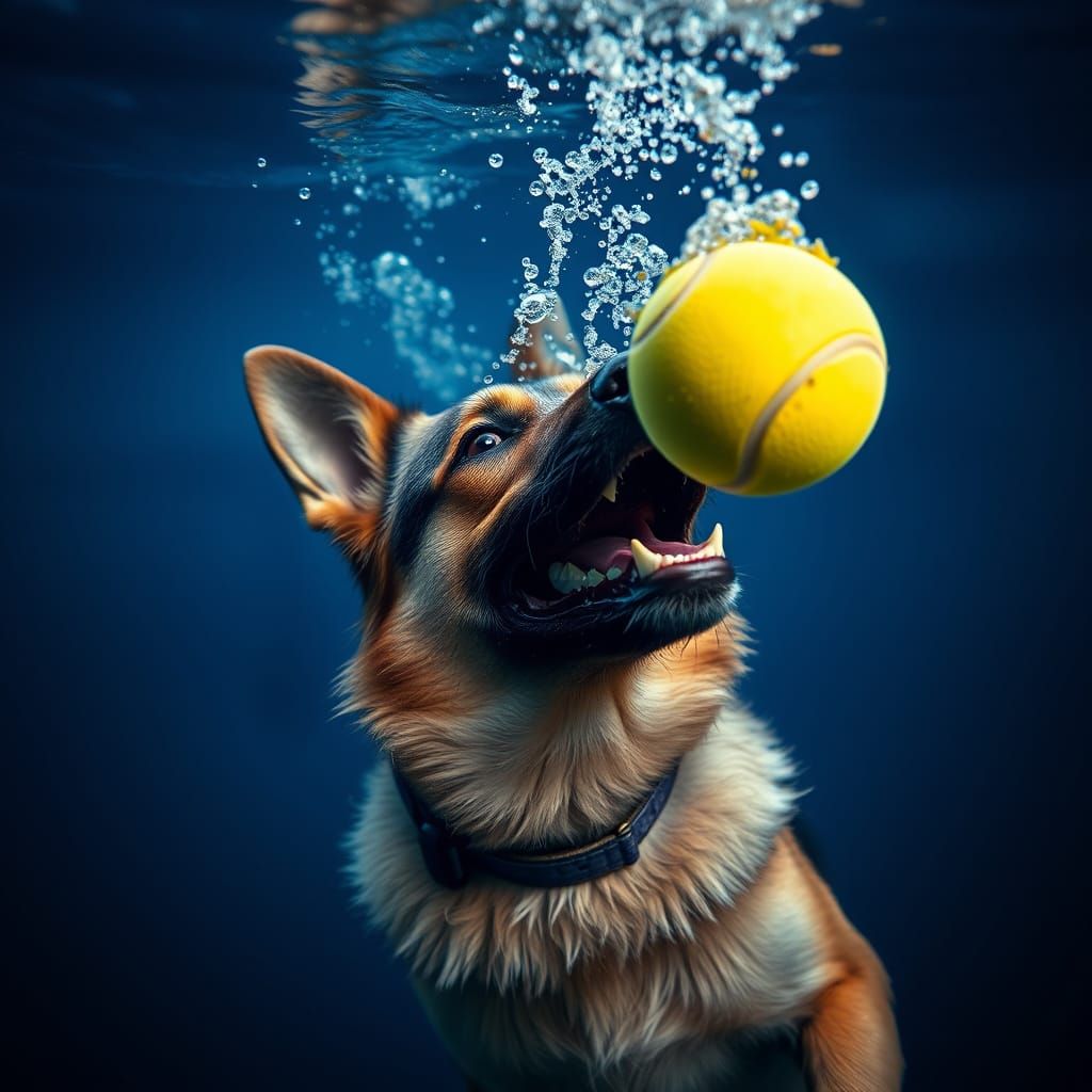 an image of a German Shepherd under water while trying to ca...