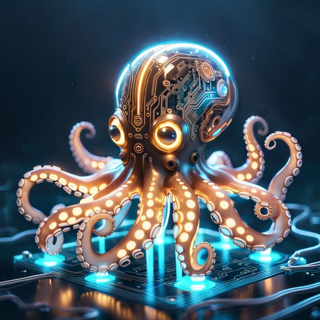 Cute Steampunk Circuit Board Octopus in Ocean