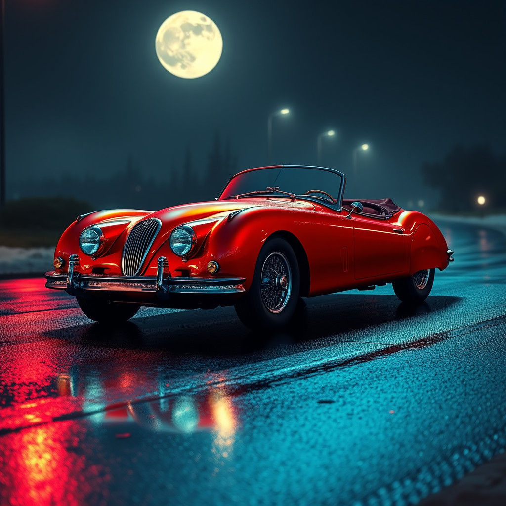 Red Jaguar XK140 OTS Radiating Light on Wet Road