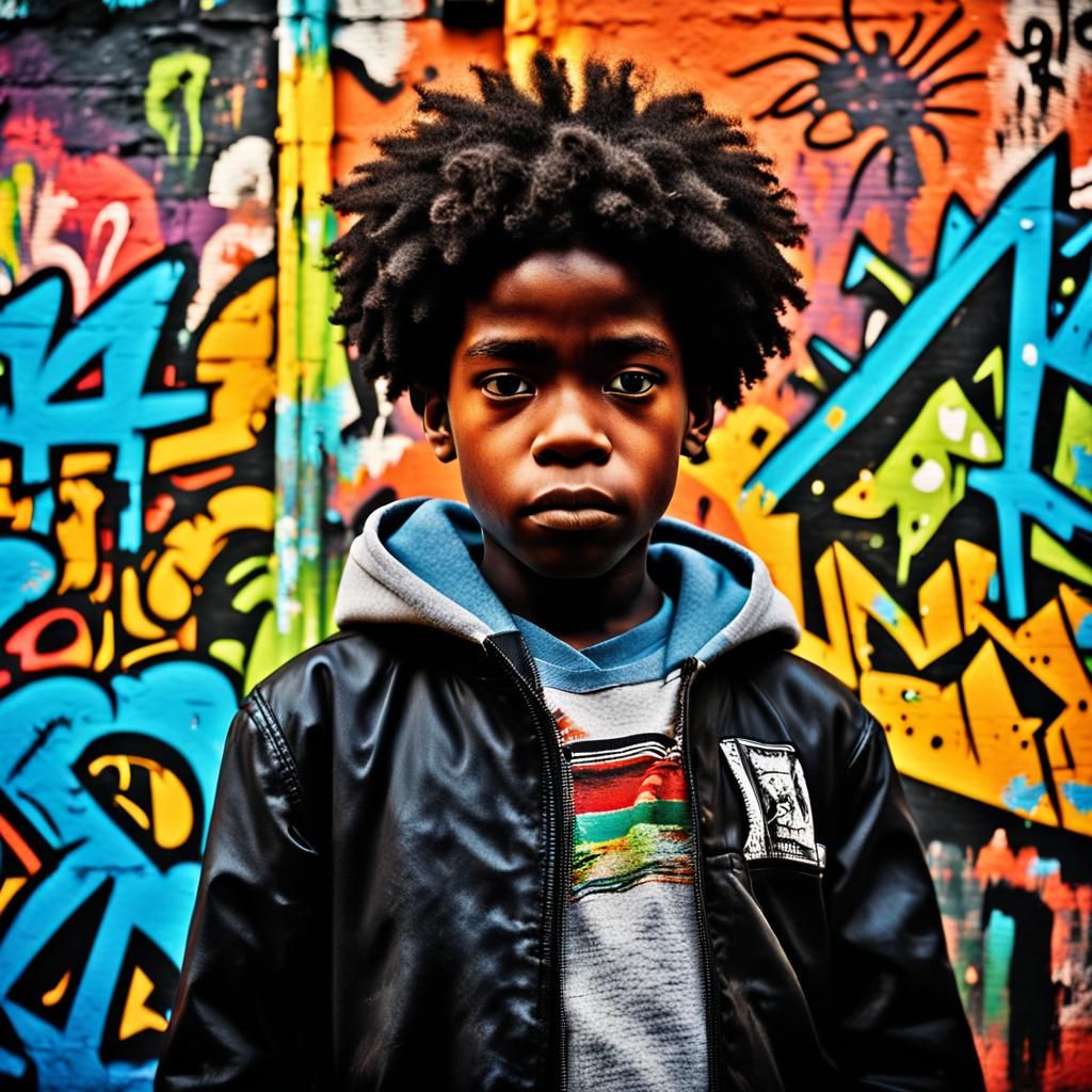 Young Black Child Stands Before Vibrant Graffiti Wall in Orp...