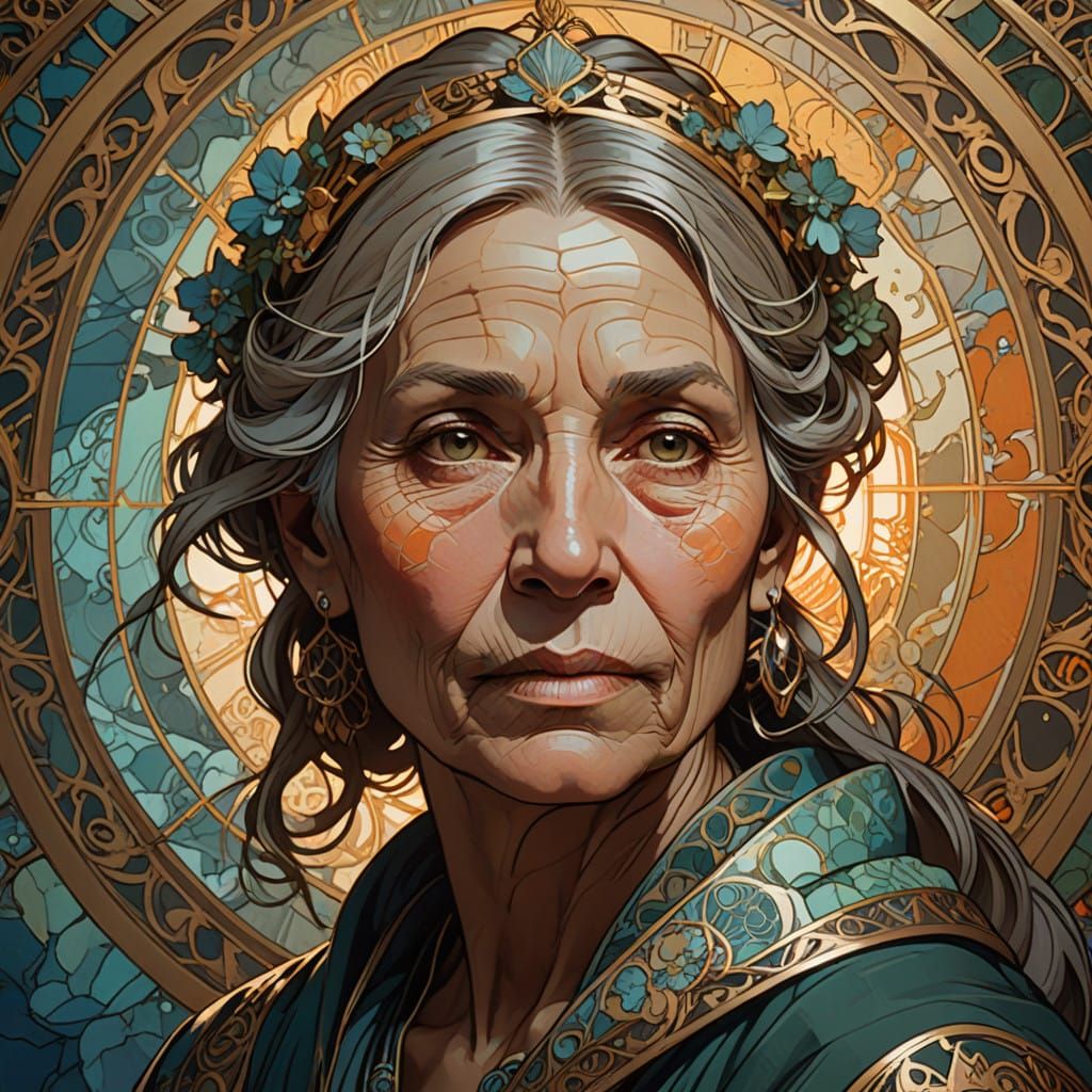 Wisdom Etched on Ancient Face in Vibrant, Intricate Portrait