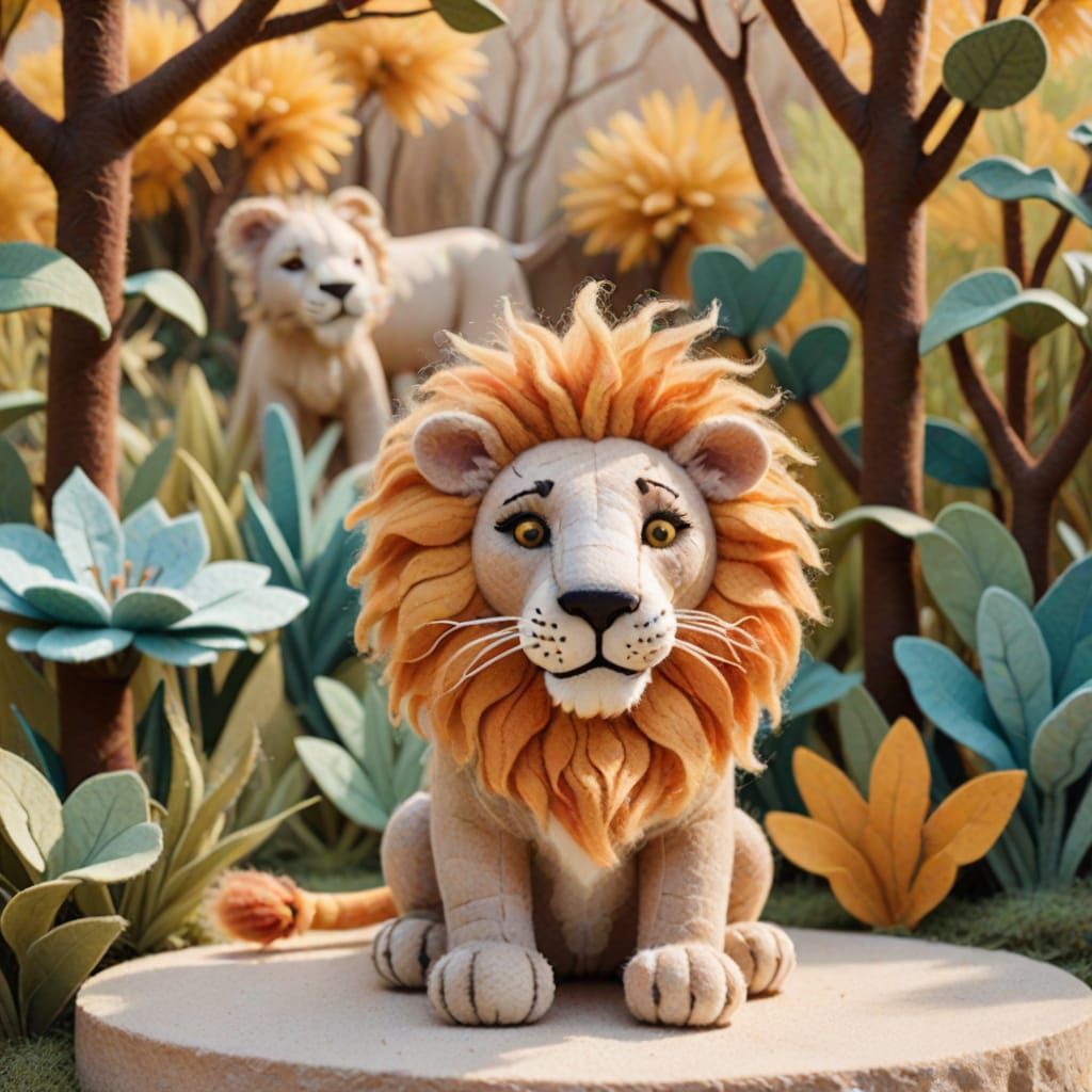 Felt Lion Sculpture in Whimsical Illustration Style