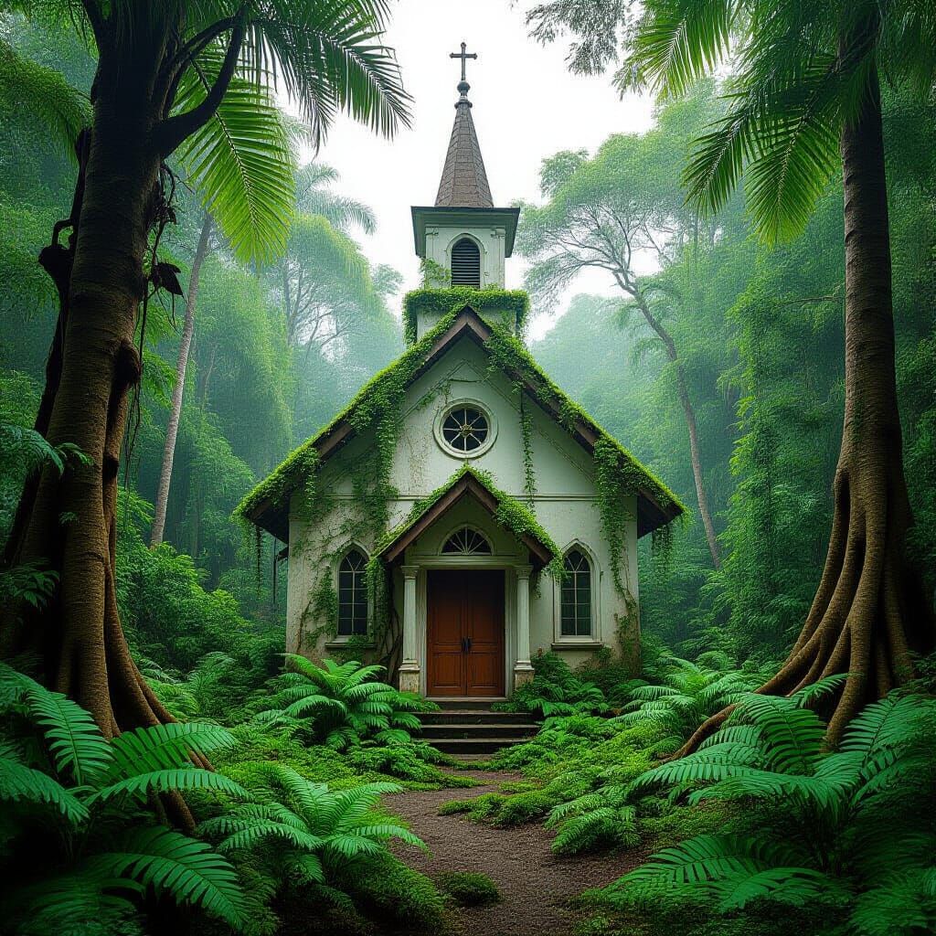 Tropical Jungle Overruns European Church in Hyperrealism