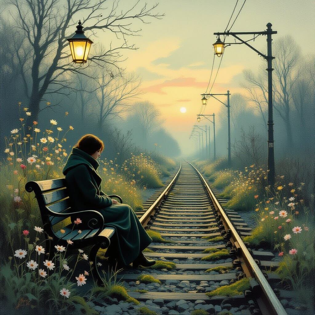 Twilight Railway Station with Floating Lanterns