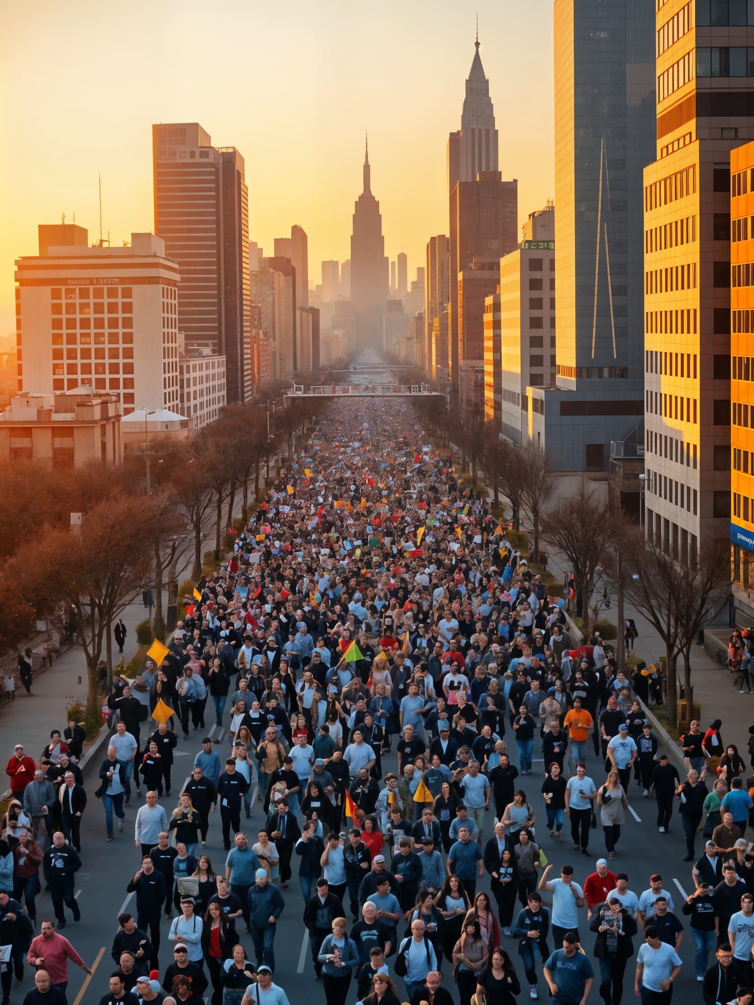 Peace March on New York Boulevard at Sunset