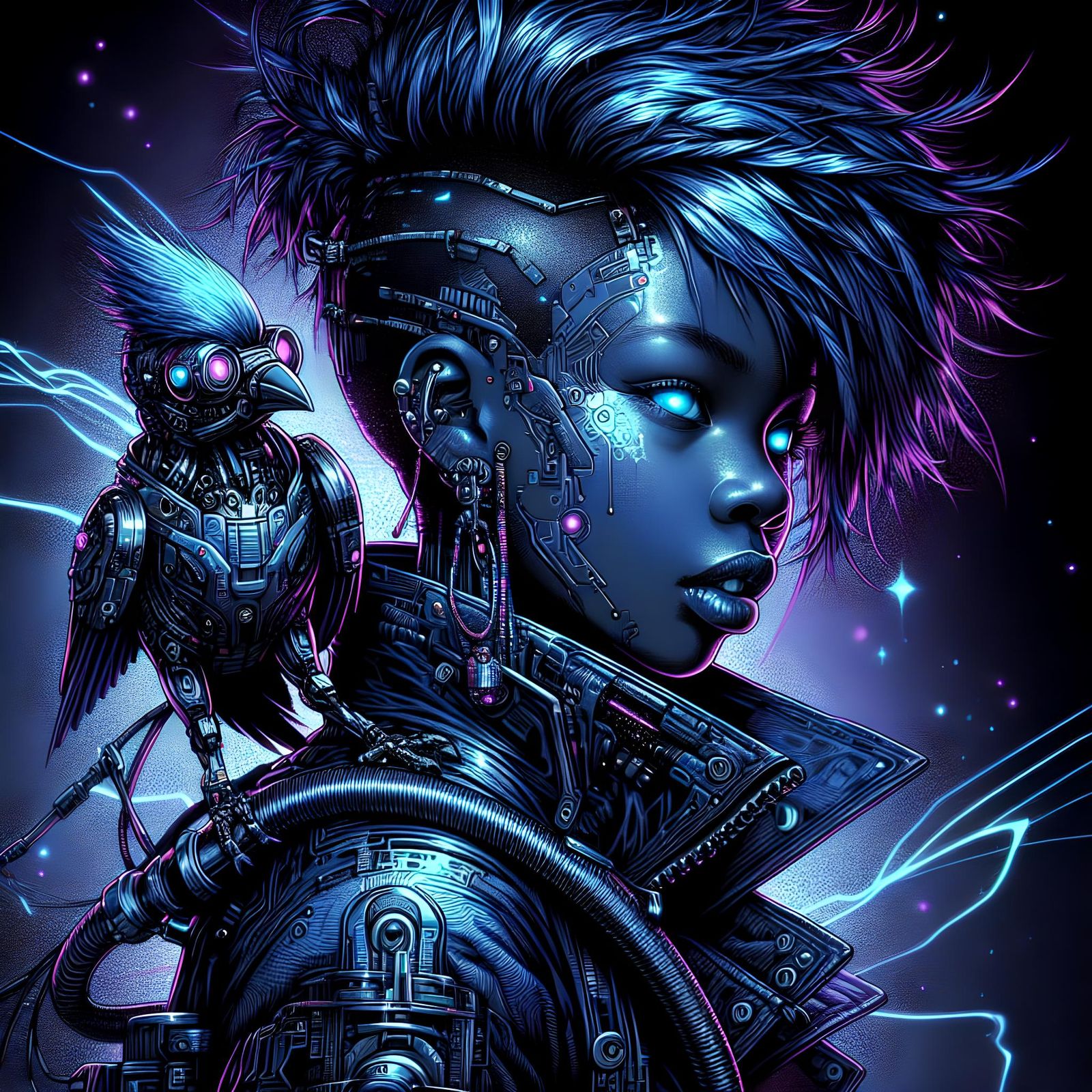 Cyberpunk Girl with Cyber-Sparrow in Neon Cityscape