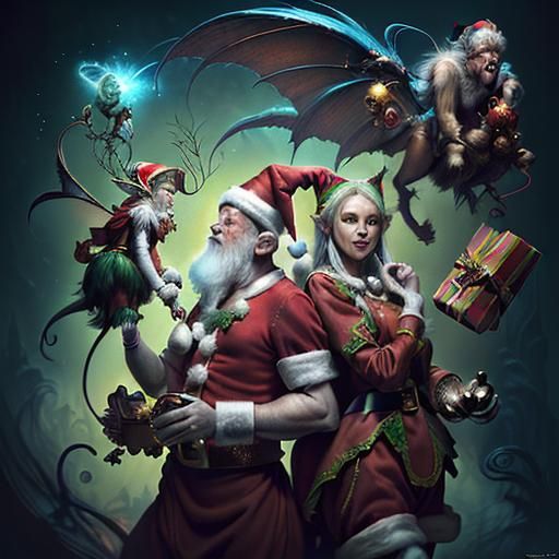 two flying monkeys as Santa elves and Santa Claus