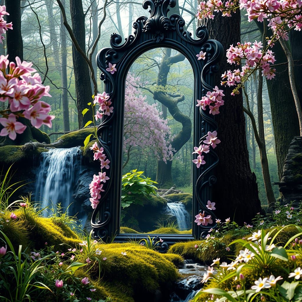 Ancient Mirror in Spring Forest, Fantasy Realism