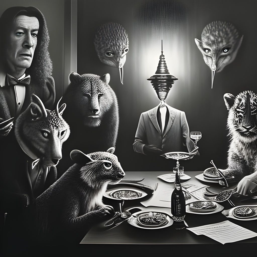 Surreal Dinner: Woman and Fantastic Creatures