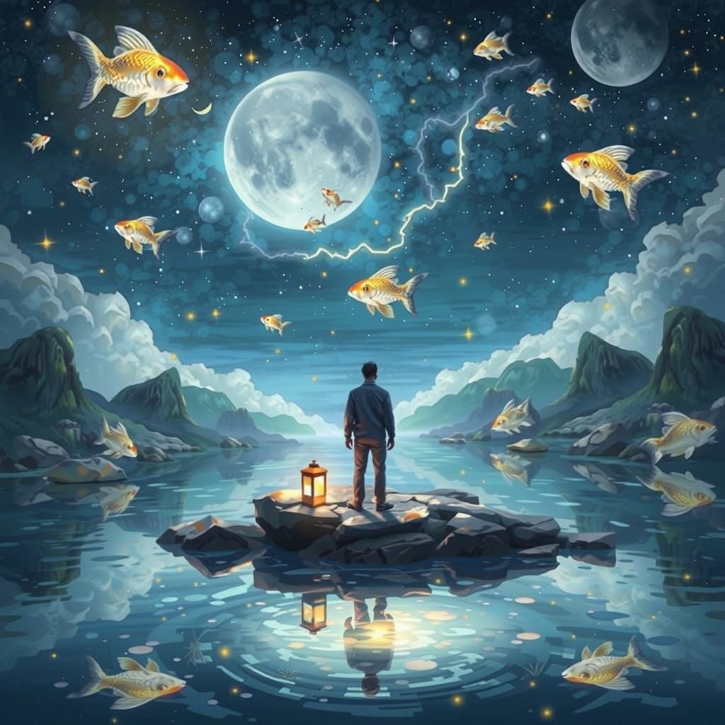 Man Surrounded by Celestial Koi in a Dreamlike Starry Scene
