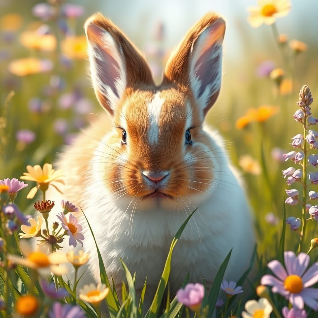 Lush Wildflower Meadow Scene with Calico Bunny