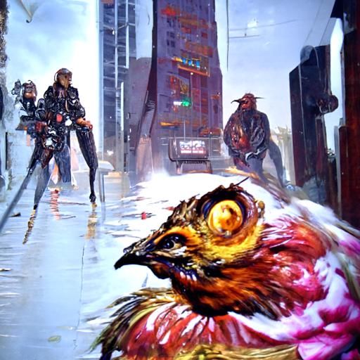 Chickens Roam Cyberpunk City in Oil Painting Style