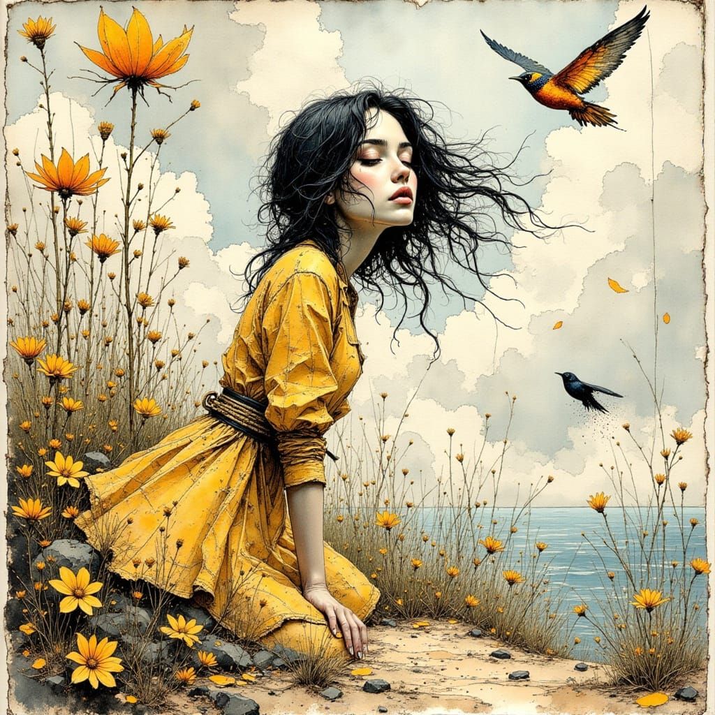 Woman Emerges From Bubble in Detailed Ink Drawing