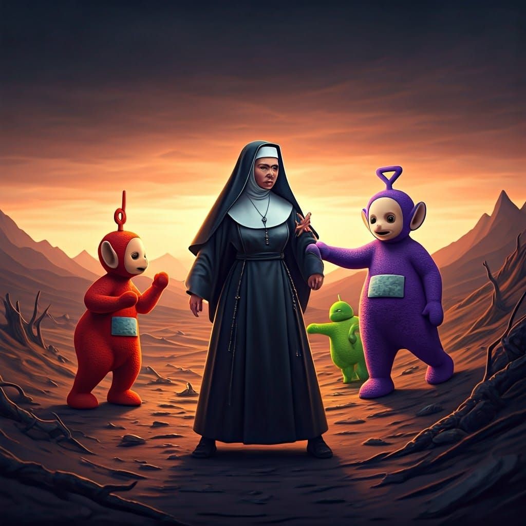 Dark Future Nun Fights Teletubbies in Gritty Surreal Landsca...