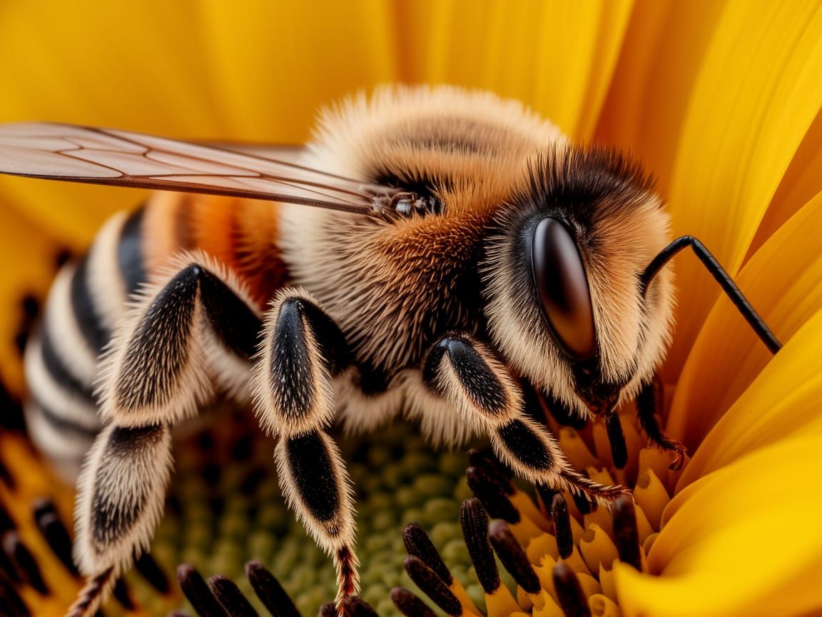 Bee Resting on Sunflower in Photographic Detail