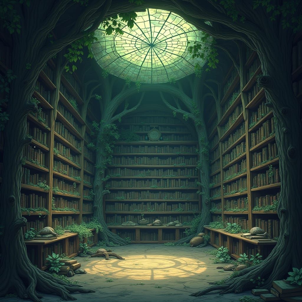 Driftwood Library With Bioluminescent Fungi