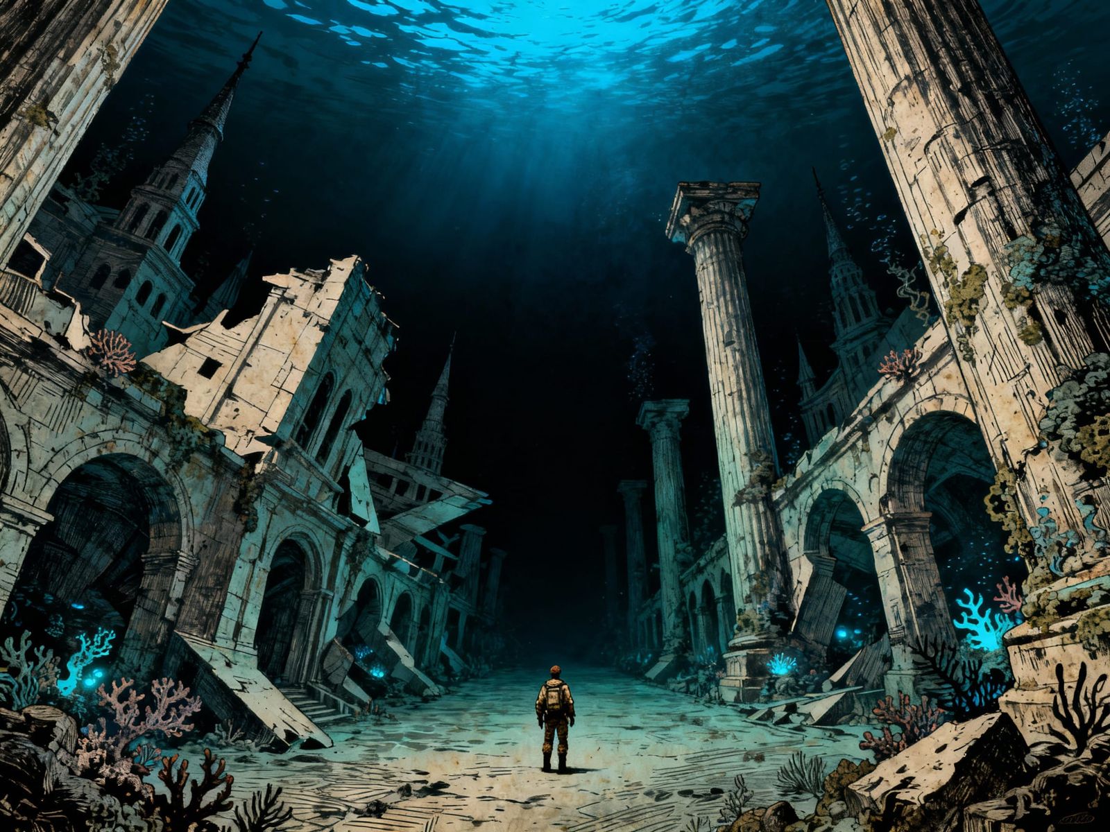 Explorer in Vast Drowned City Seabed Avenue
