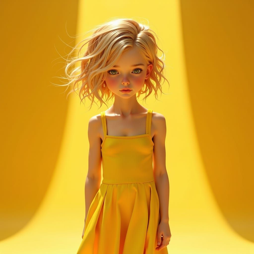 Sleek Minimalist Portrait of a Blonde Child in a Bright Yell...