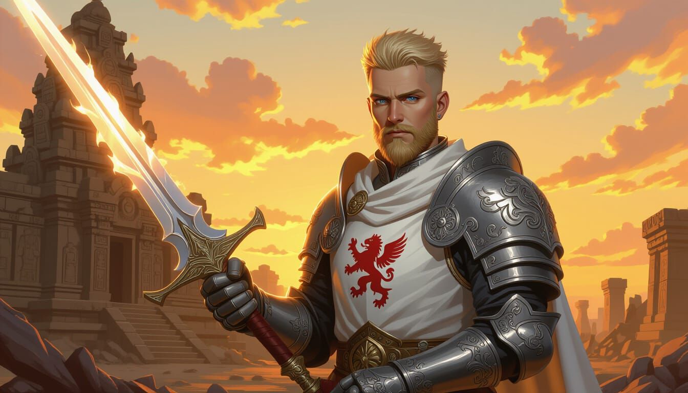 Divine Warrior Priest with Flameberge Sword in Anime Style