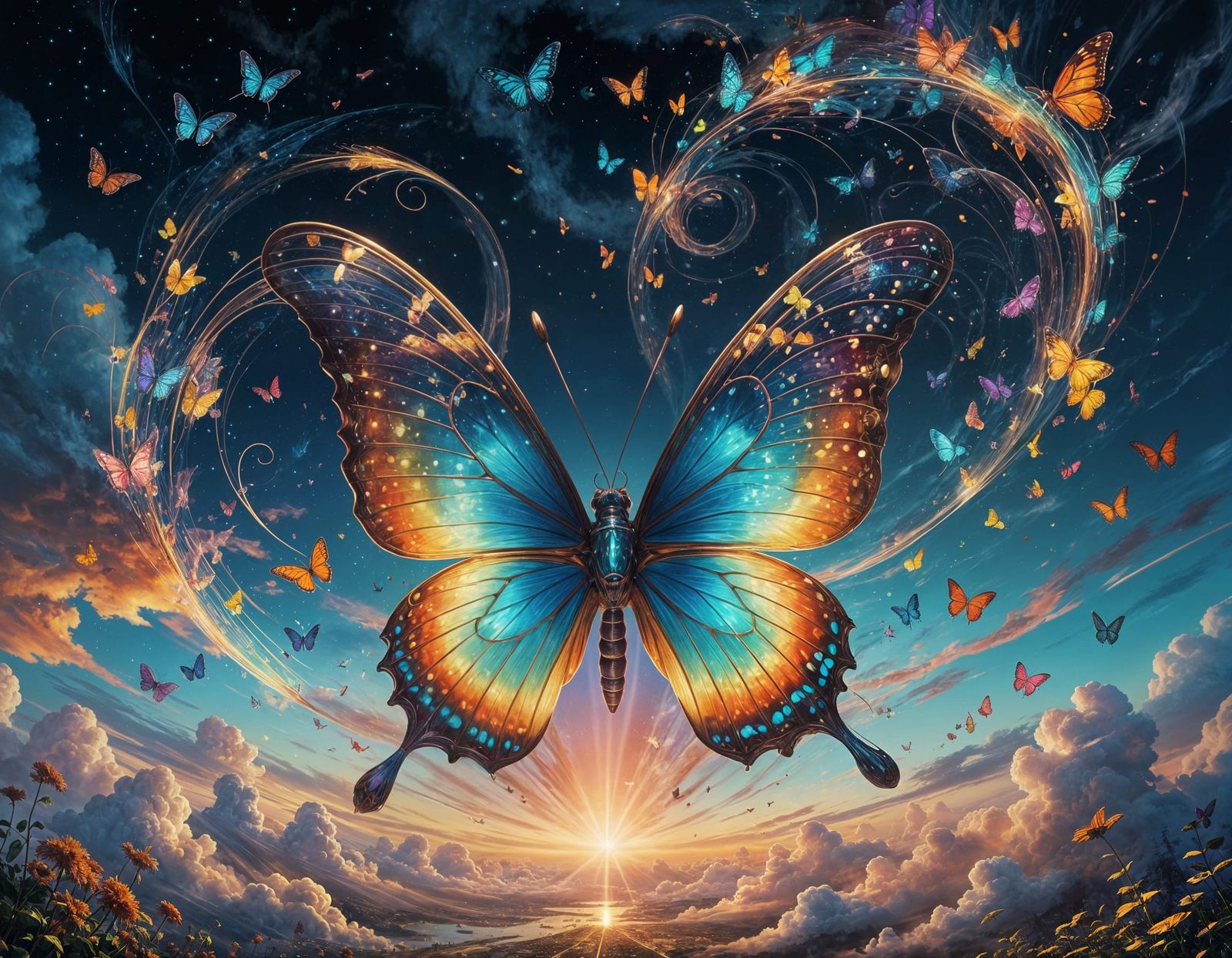 Ethereal Butterfly Soars in Surreal Psychedelic Sky