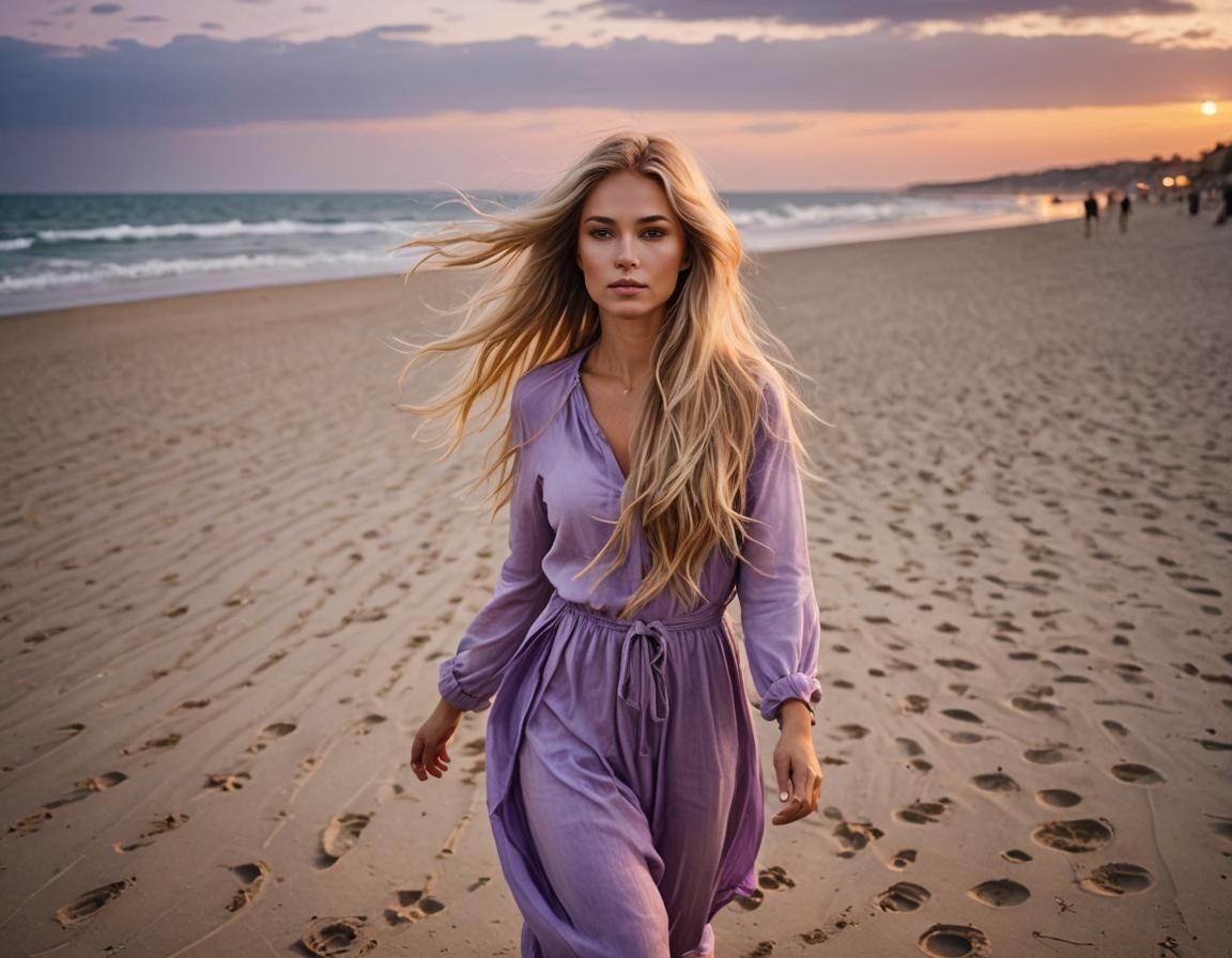 Sophia is walking along the beach in Sunset