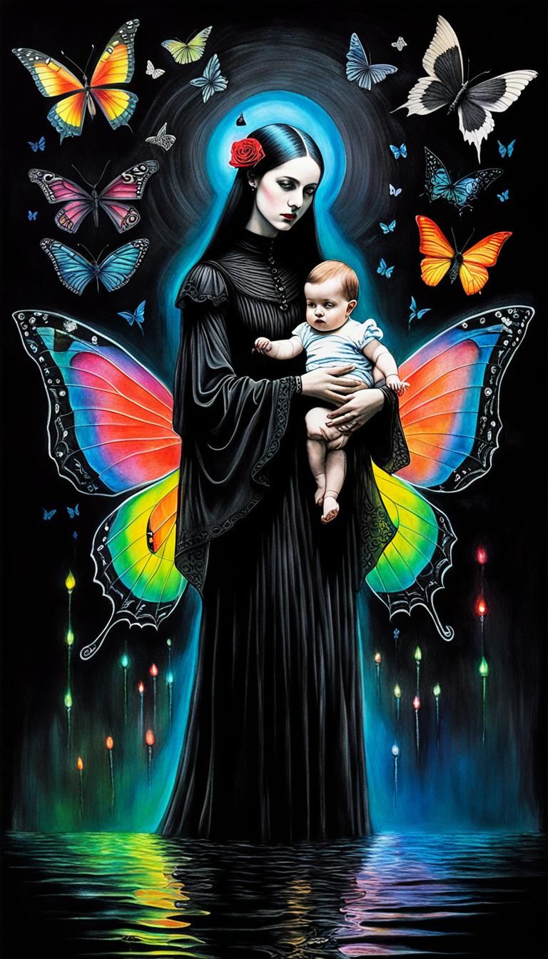 Gothic Mother and Child in Surreal Crayon Art