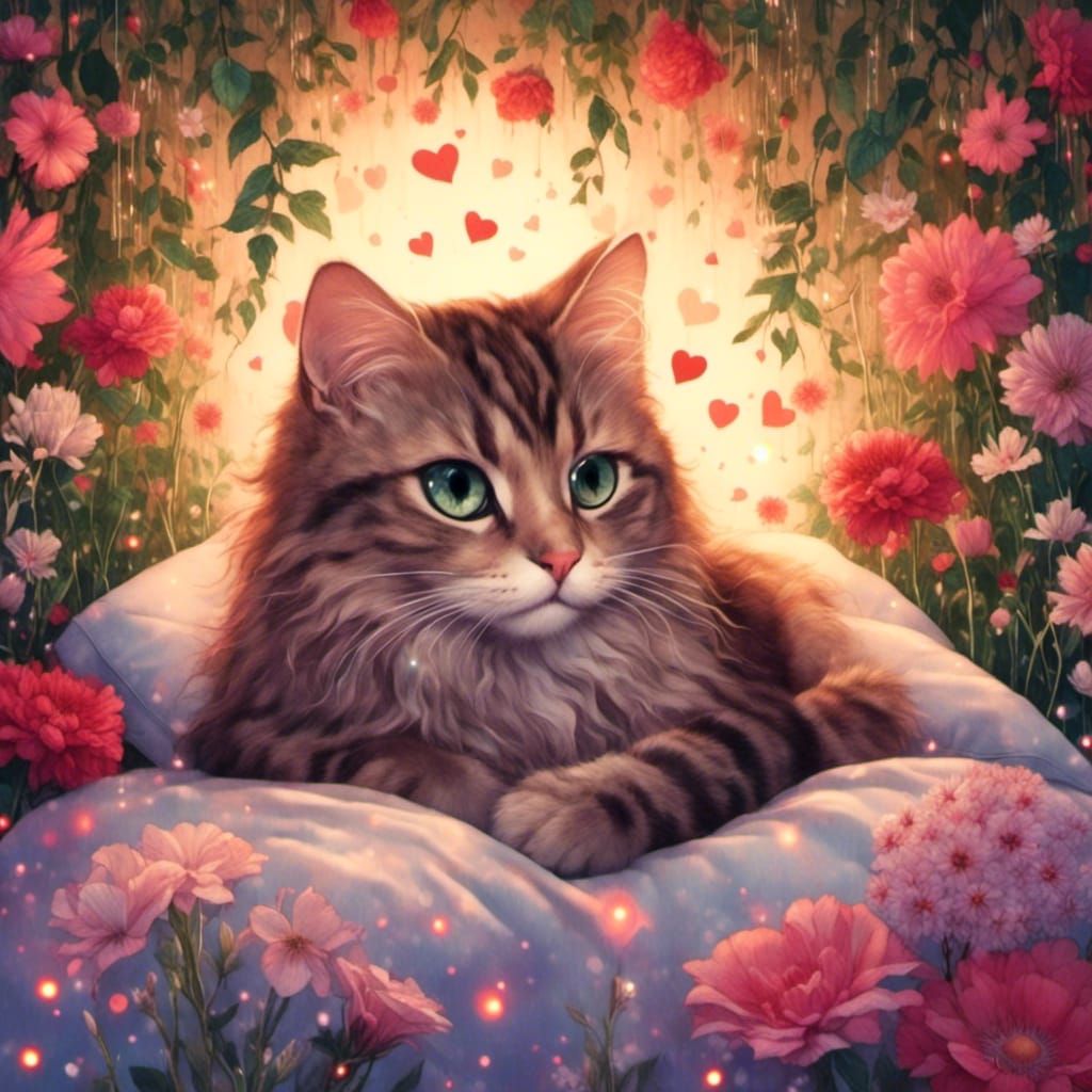 Cute Cat Surrounded by Flowers and Heart Lights