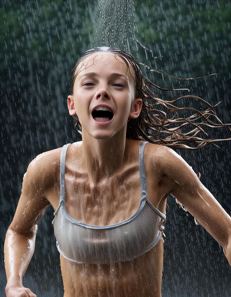 Wet Tween Female in Heavy Rain: Photorealistic
