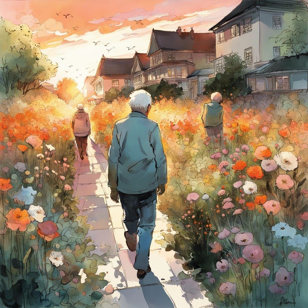 Seniors Strolling Among Flowers at Sunset