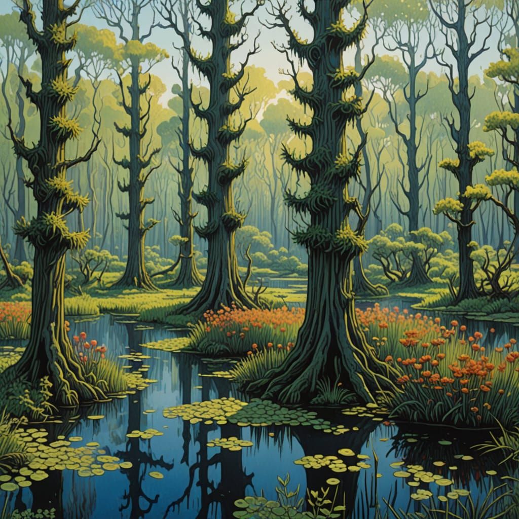 Bright Cheerful Swamp Landscape in Morning Sunlight