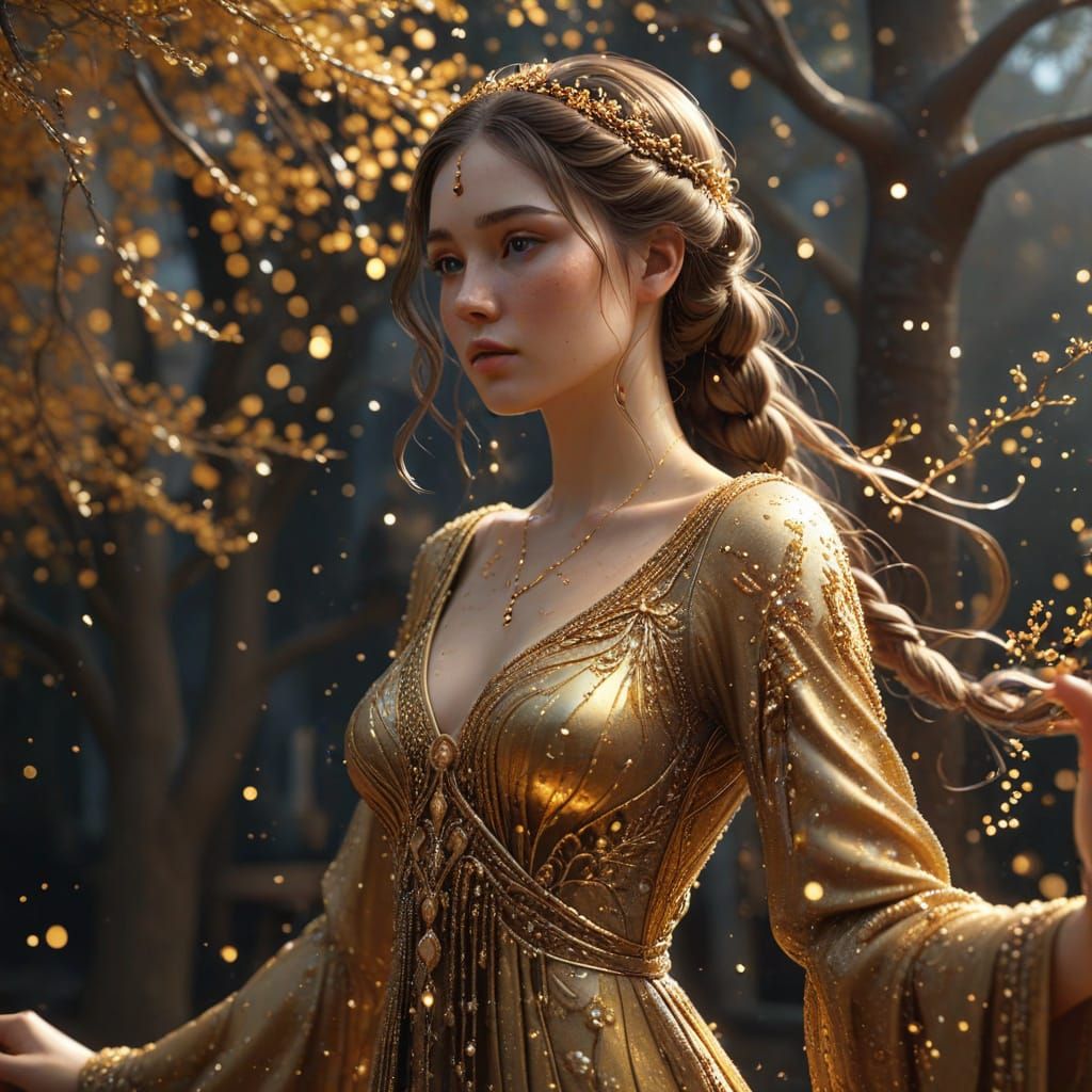 Anime Woman Creates Golden Tree with Pearls and Dust