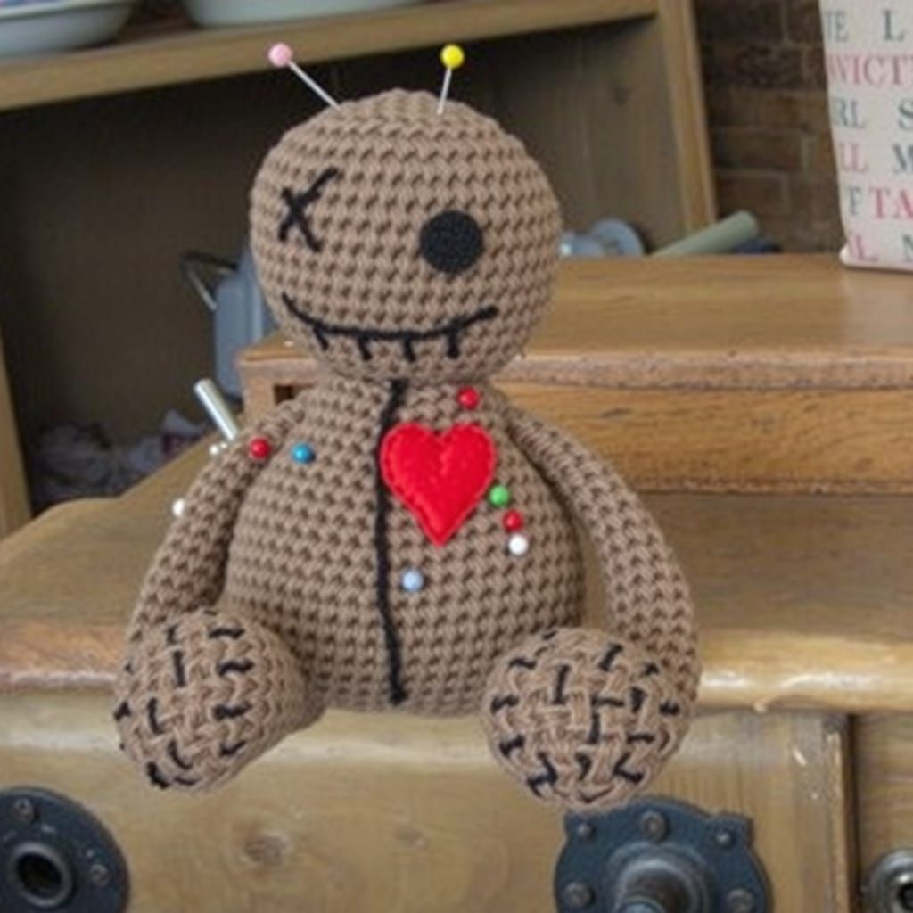 Sad Voodoo Doll Pin Cushion on Workbench