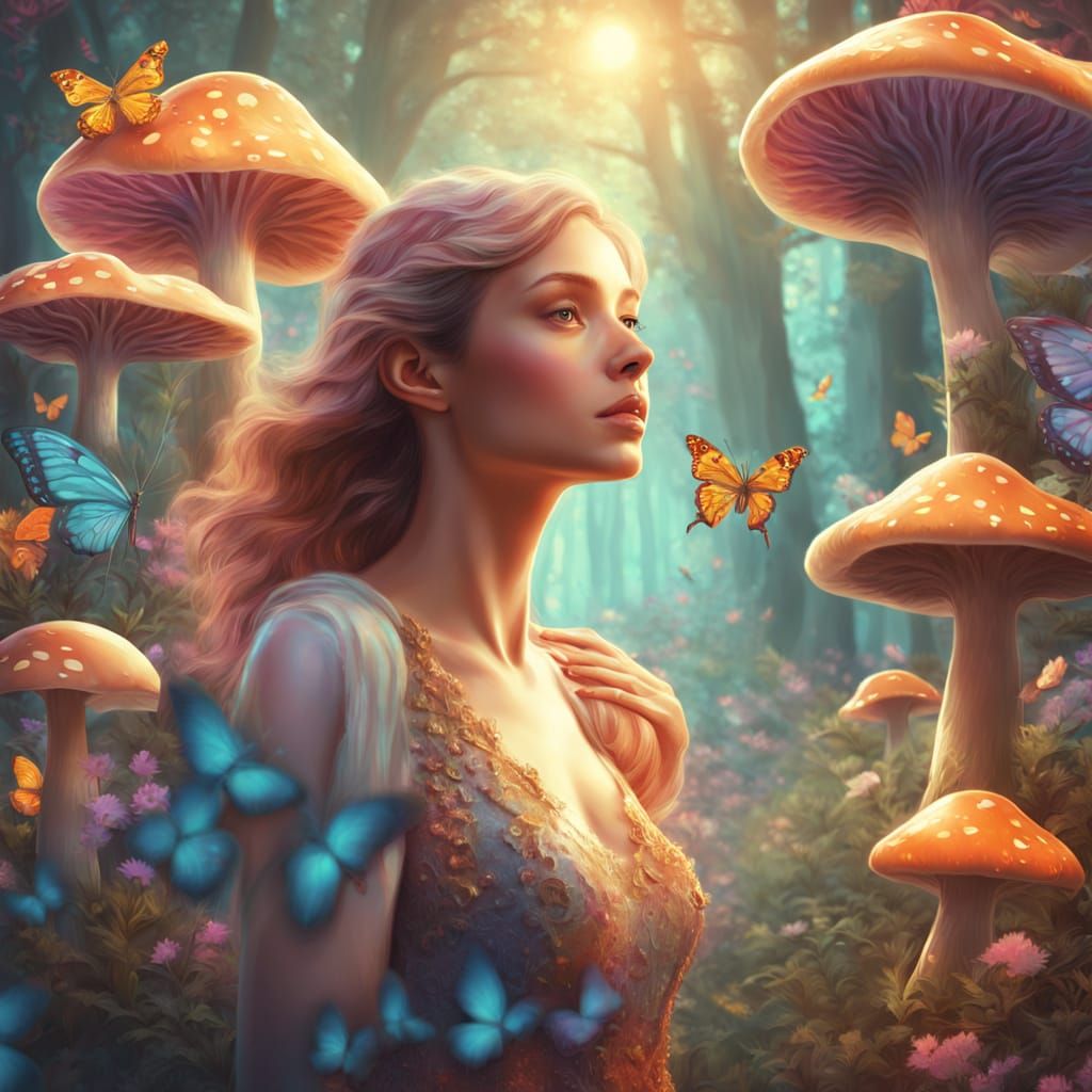 Woman in Enchanted Forest: Vibrant Digital Art