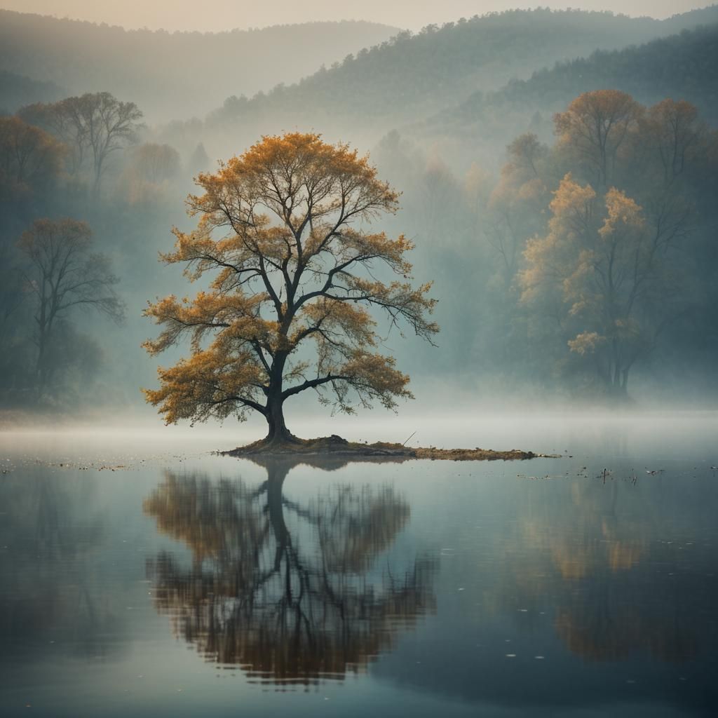 Lone Tree by Misty Lake: Serene Landscape Photography