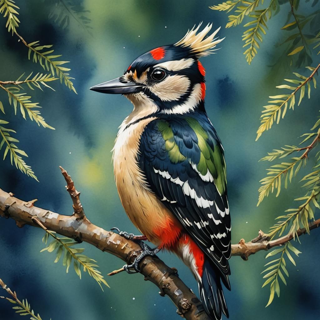 Great Spotted Woodpecker in Watercolor Fantasy Style