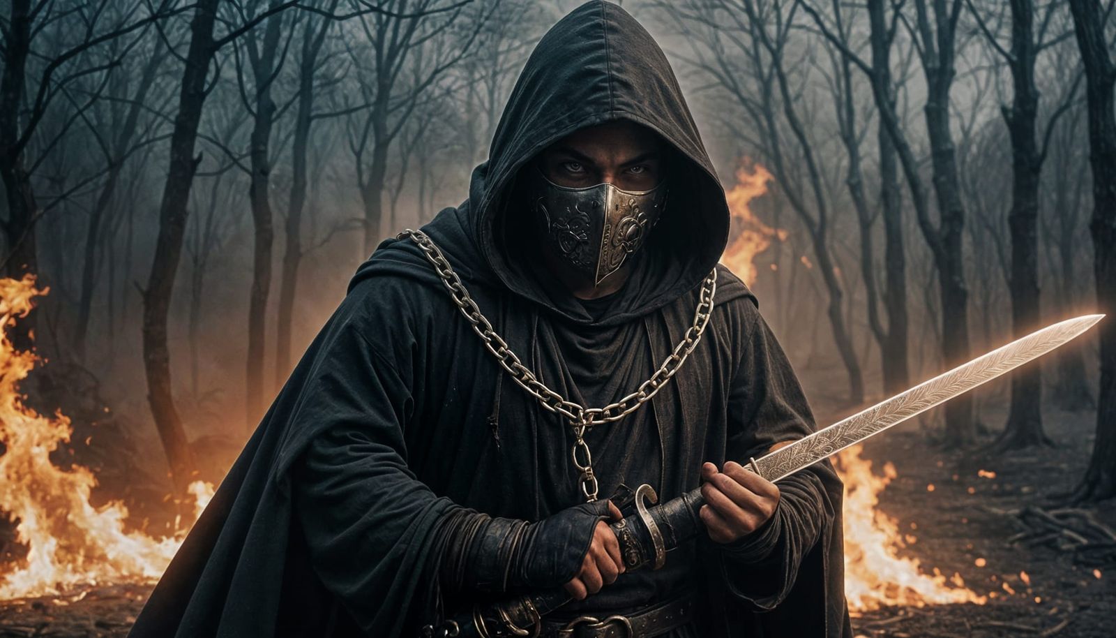 Eerie Cloaked Swordsman in Dark Cinematic Scene